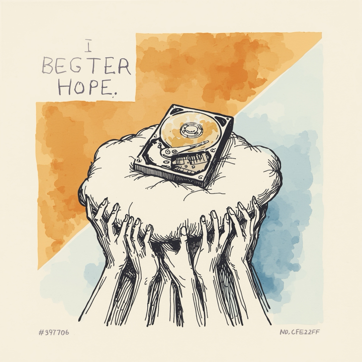 A warm watercolor of a hard drive on a fluffy cushion, titled I BEGTER HOPE with two fake signatures