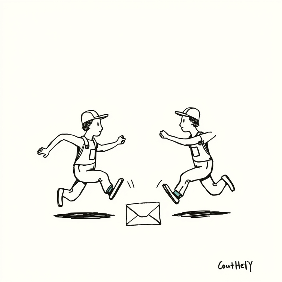 A clean black-ink drawing of two runners lunging for an envelope, signed CoutHelY in the corner