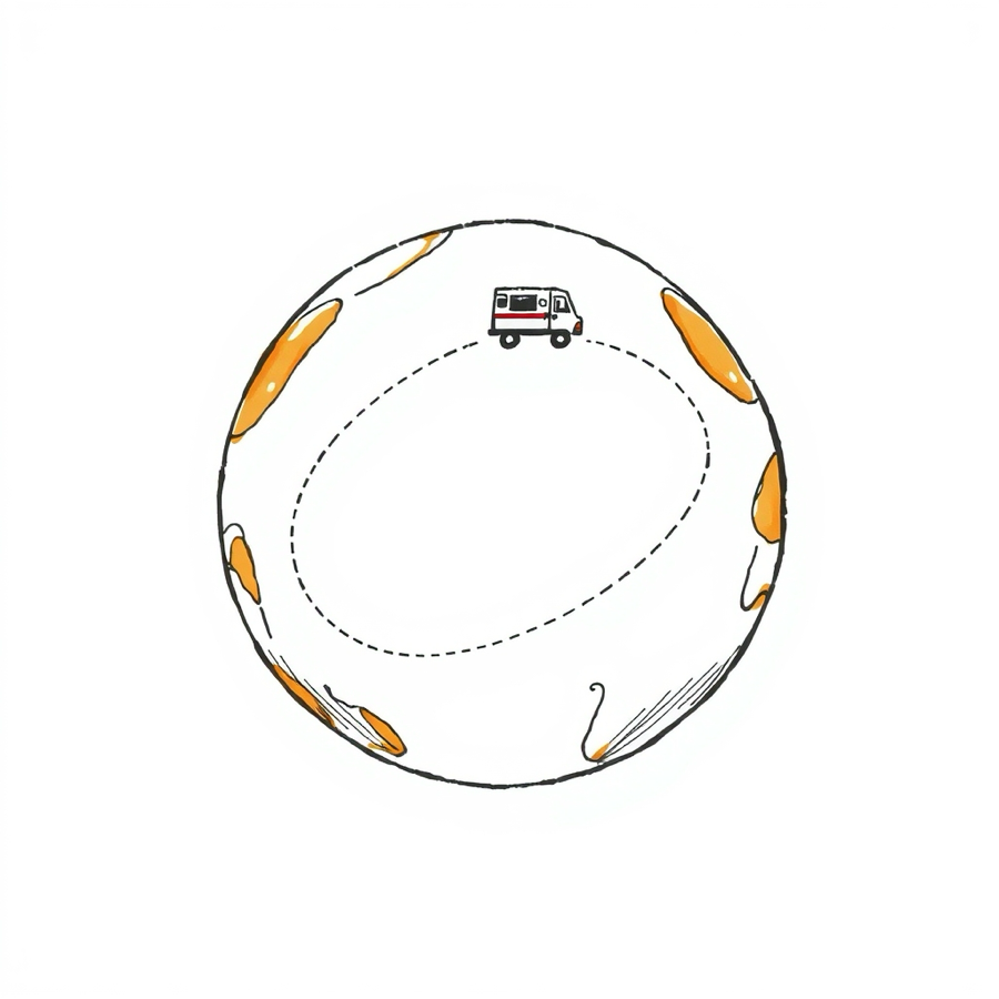 A tiny mail van on a large dashed orbit around an empty circle, no houses