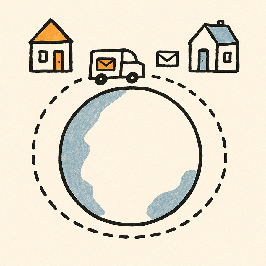 A clean illustration of an amber van and envelope between two houses, looping a blue globe on a dashed orbit, on cream