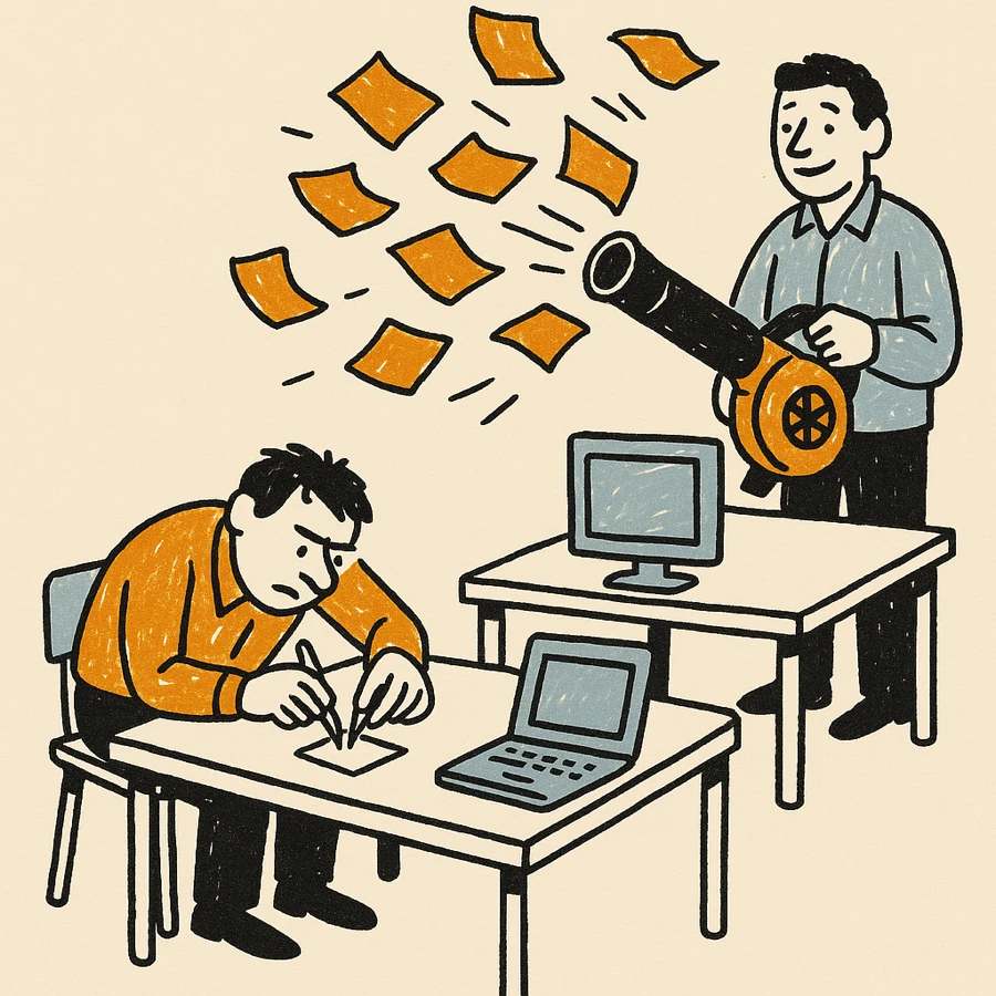 Hand-drawn zine-style illustration: at one desk a worker hunches over a single sheet of paper, placing it with tweezers, while behind him a second worker cheerfully aims a leaf blower at the desk, blasting a blizzard of amber papers into the air.
